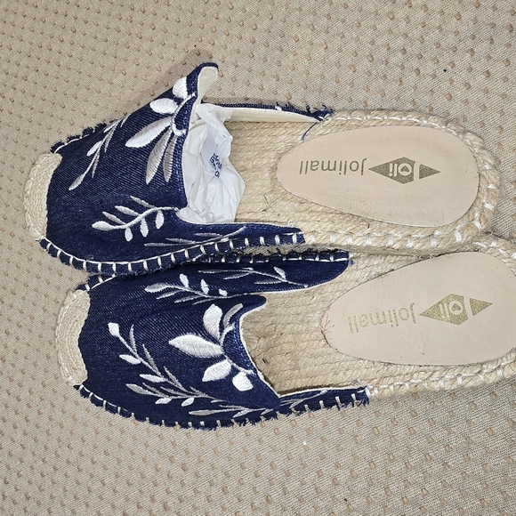 Jolimall Women Slip on Denim  Woven Embroidered Flat Slides Size 8 Blue - Picture 3 of 9